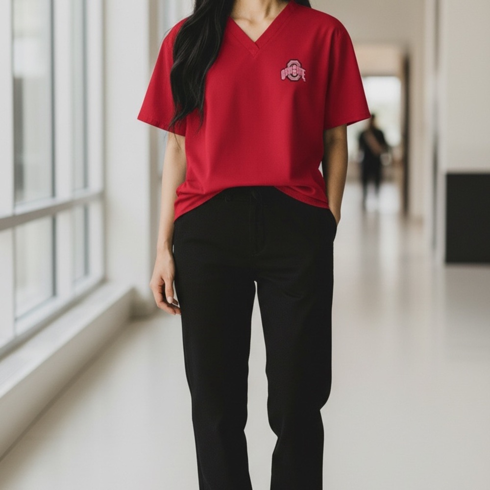 Ohio State Buckeyes Scrub Top Red V Neck Medical Uniform Size Large